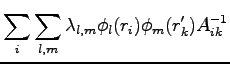 $\displaystyle \sum_i \sum_{l,m}{\lambda_{l,m} \phi_{l}(r_i)\phi_{m}(r_k')} A_{ik}^{-1}$